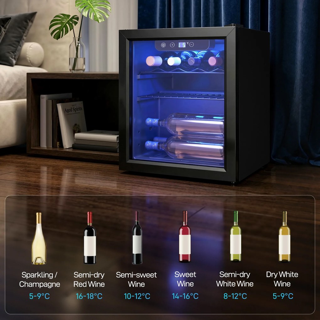 HOMCOM Chłodziarka na 12 butelek, 36 litrów, Zakres Temperatur 4-16°C, Mała Lodówka na Napoje i Piwo z Szklanymi Drzwiami i Oświetleniem LED | Aosom PL