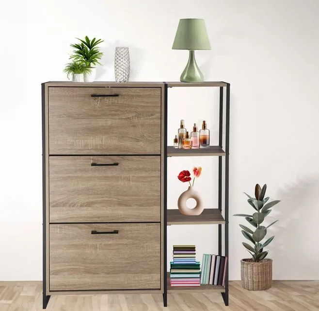 Trzydrzwiowa szafka na buty z regałem w stylu loft - Tamil 7X