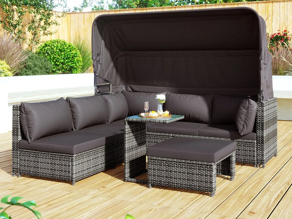Zestaw mebli ogrodowych z wikliny żywicznej: 3-osobowa sofa ze składanym dachem + 2 fotele + 1 pufa + stolik kawowy - 13 poduszek na siedziska i oparcia - Szary