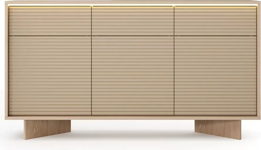 Komoda Parsja 3D3S 154 cm LED – komoda do salonu z szufladami, ryflowane fronty, bolivar naturalny / cappuccino, push-to-open