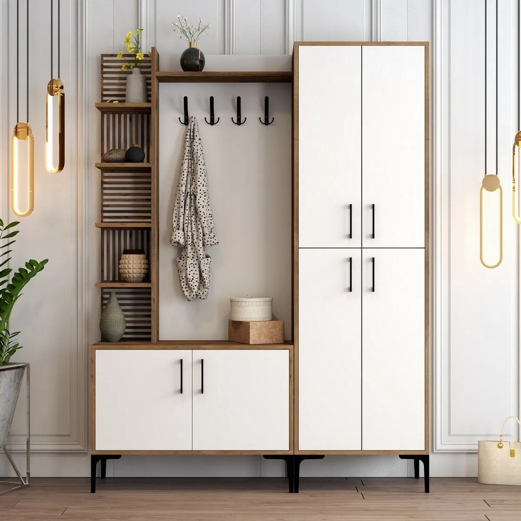 Wieszak z półką na buty, półkami i szafką Viyana Walnut and White