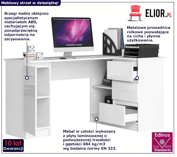 Narożne biurko do gabinetu białe połysk prawostronne - Osmen 6X