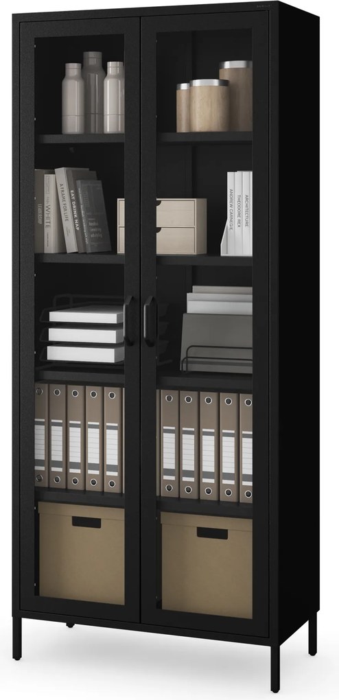 Witryna szklana do salonu metalowa czarna ANGELO Modern 800 x 1850 x 450 mm