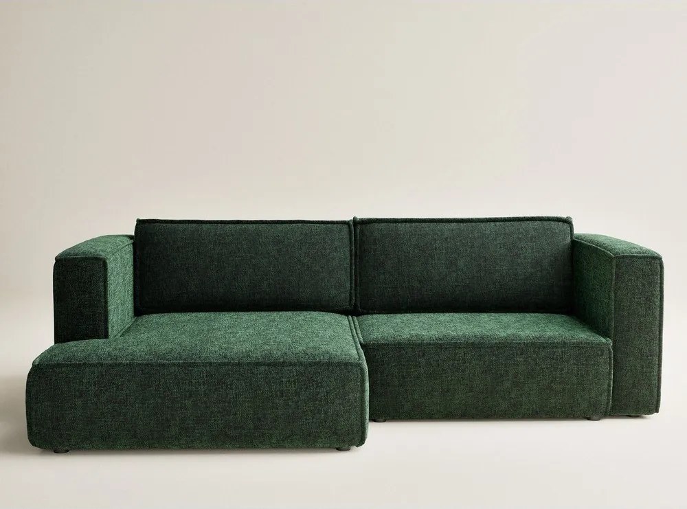 Ciemnozielony rozkładany narożnik ze schowkiem z tkaniny szenilowej (lewostronny/z szezlongiem) Velto – Maison de Rêve