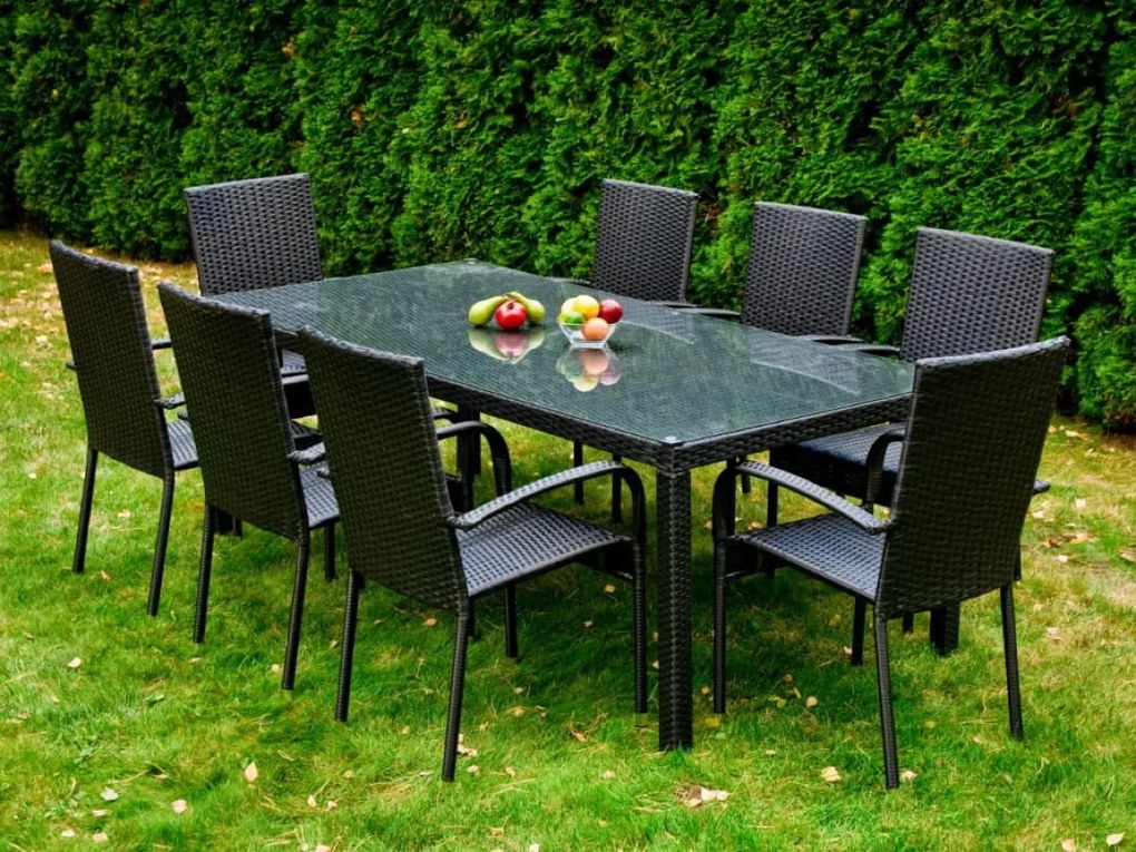 Duży zestaw obiadowy z technorattanu (stół 200x100cm + 8 krzeseł) SOTTILE czarny