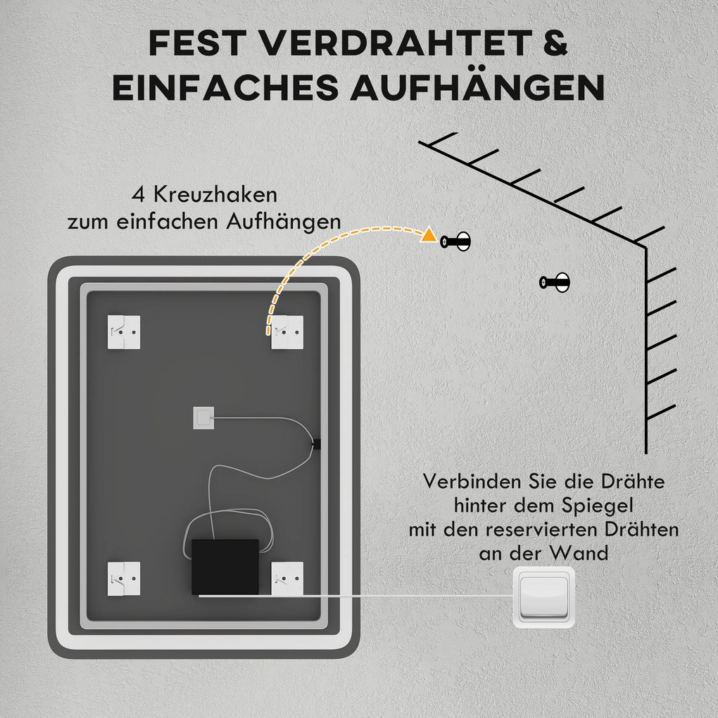 HOMCOM Lustro łazienkowe, podświetlane, sterowanie dotykowe, przeciwmgielne, ściemnialne, 3 kolory światła, 70x90, srebrne