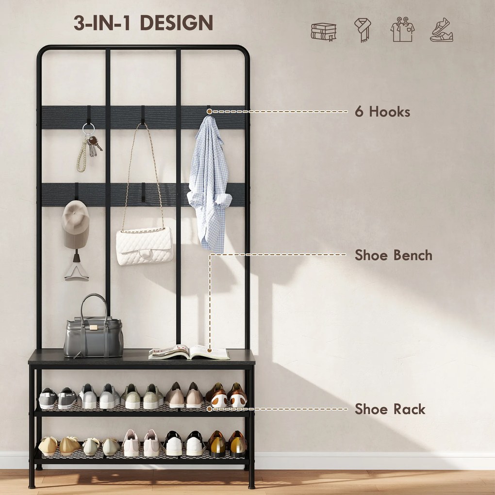 HOMCOM 3-w-1 Wieszak, haki na odzież, ławka, regał na buty, metal, płyta wiórowa, Czarny