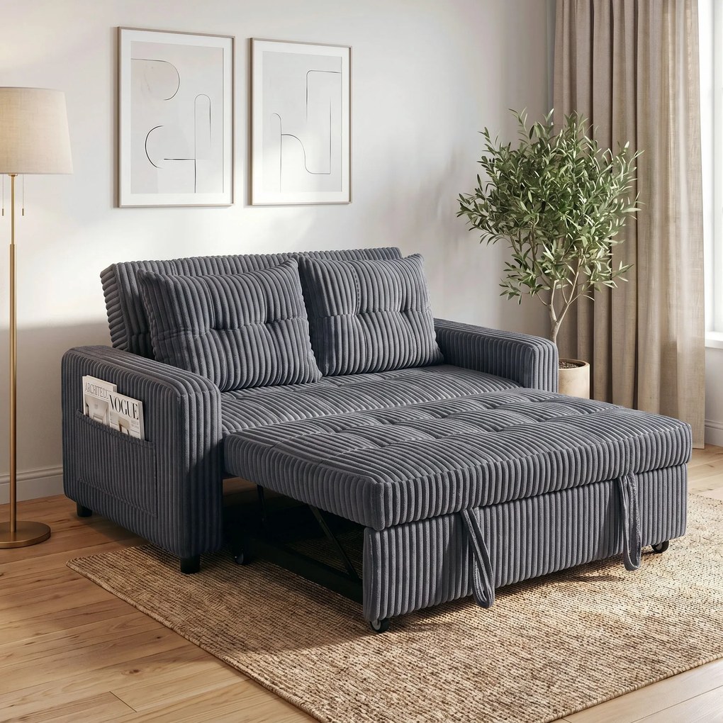 HOMCOM Sofa-łóżko 2-osobowa, pokrycie ze sztruksu, przekształcalna w sofę rozkładaną, 2 poduszki, kieszenie boczne, 157 x 190 cm, ciemnoszara | Aosom PL