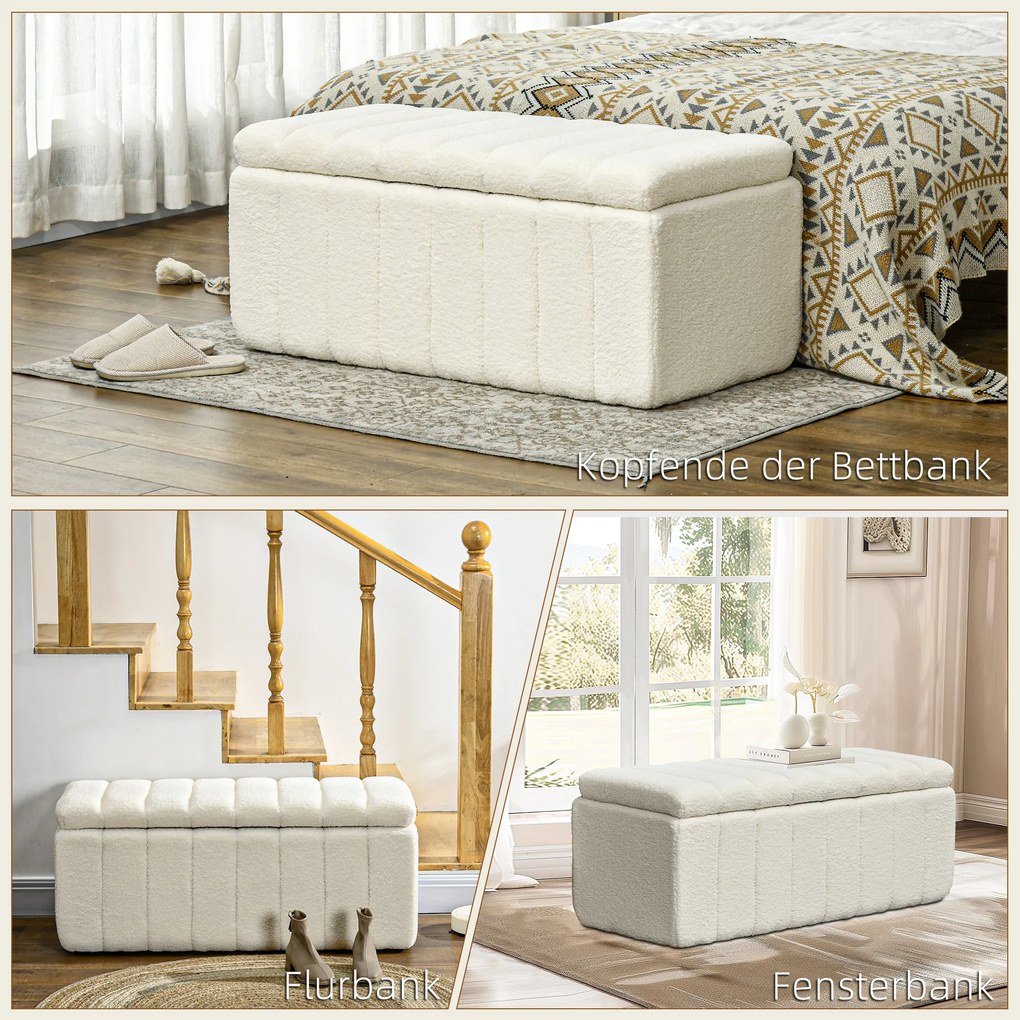 HOMCOM Tapicerowana ławka do sypialni z miejscem do przechowywania, wytrzymała do 120kg, 102x45x46cm, Kremowobiały