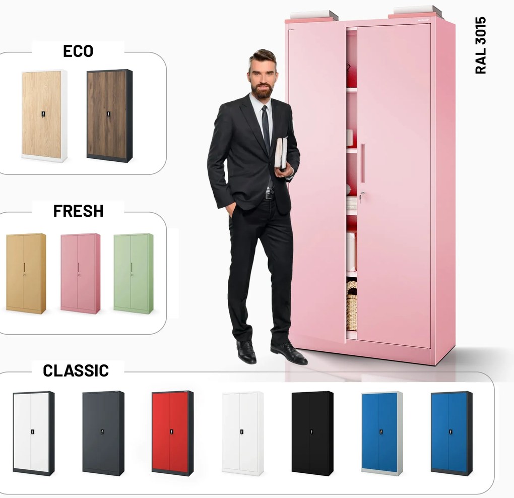 Szafa na dokumenty biurowa metalowa pudrowy róż: Fresh Style JAN H, 900 x 1950 x 400 mm