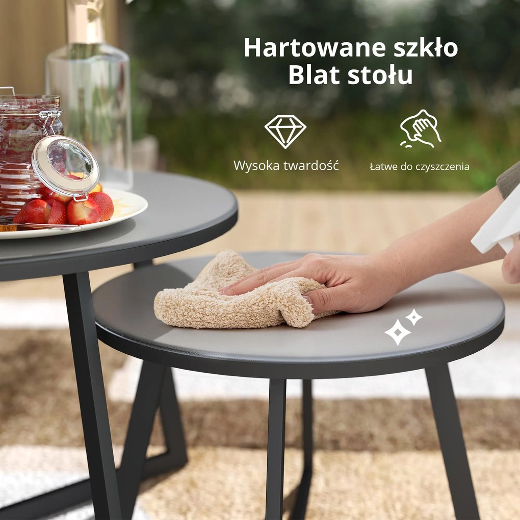 Outsunny Zestaw 2 Składanych Stolików Pomocniczych, Stolik Ogrodowy Okrągły, Odporny na Warunki Pogodowe, Balkonowy z Nogami X, Blat ze Szkła Hartowanego Stal, Czarny+Szary