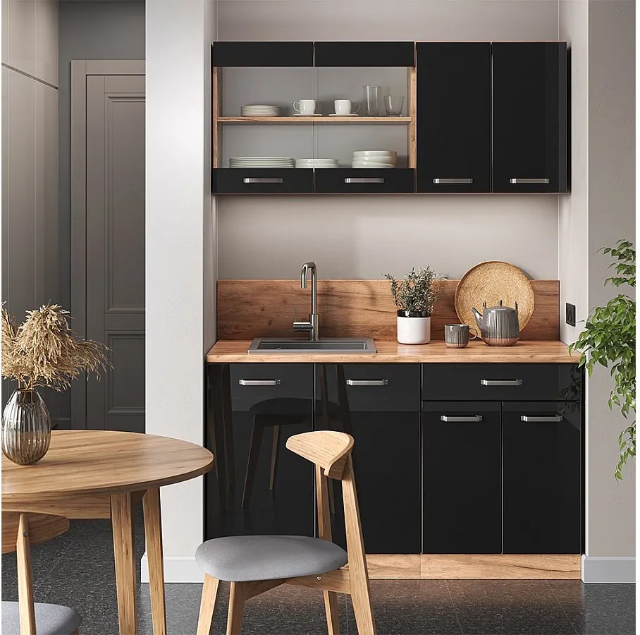 Kuchnia pojedyncza czarny/złoty dąb o wysokim połysku 140x46x81.6 r-line