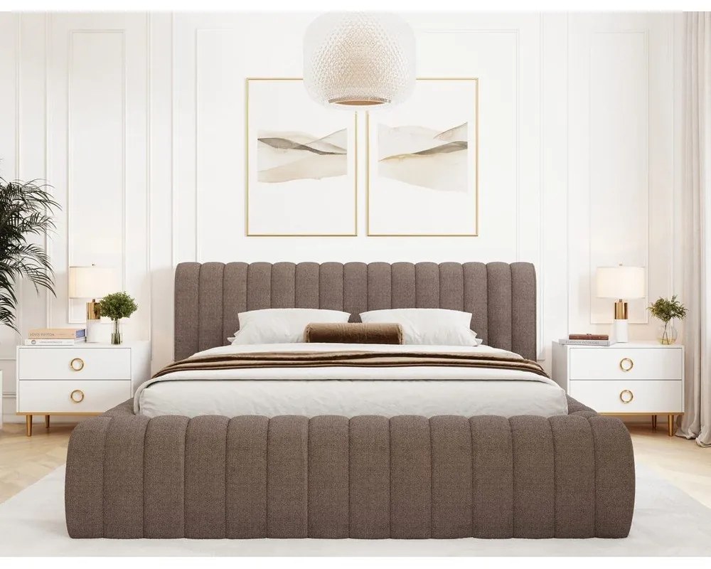 Brązowe tapicerowane łóżko dwuosobowe ze schowkiem ze stelażem 140x200 cm Carilla – ELTAP