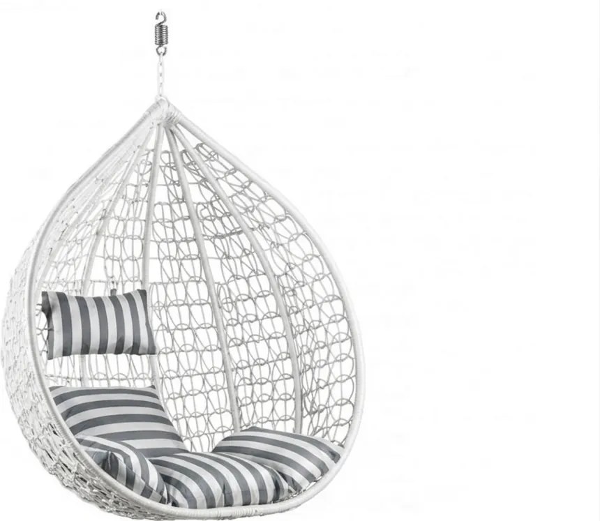 Białe wiszące krzesło KOKON bez stojaka, biało-szara poduszka