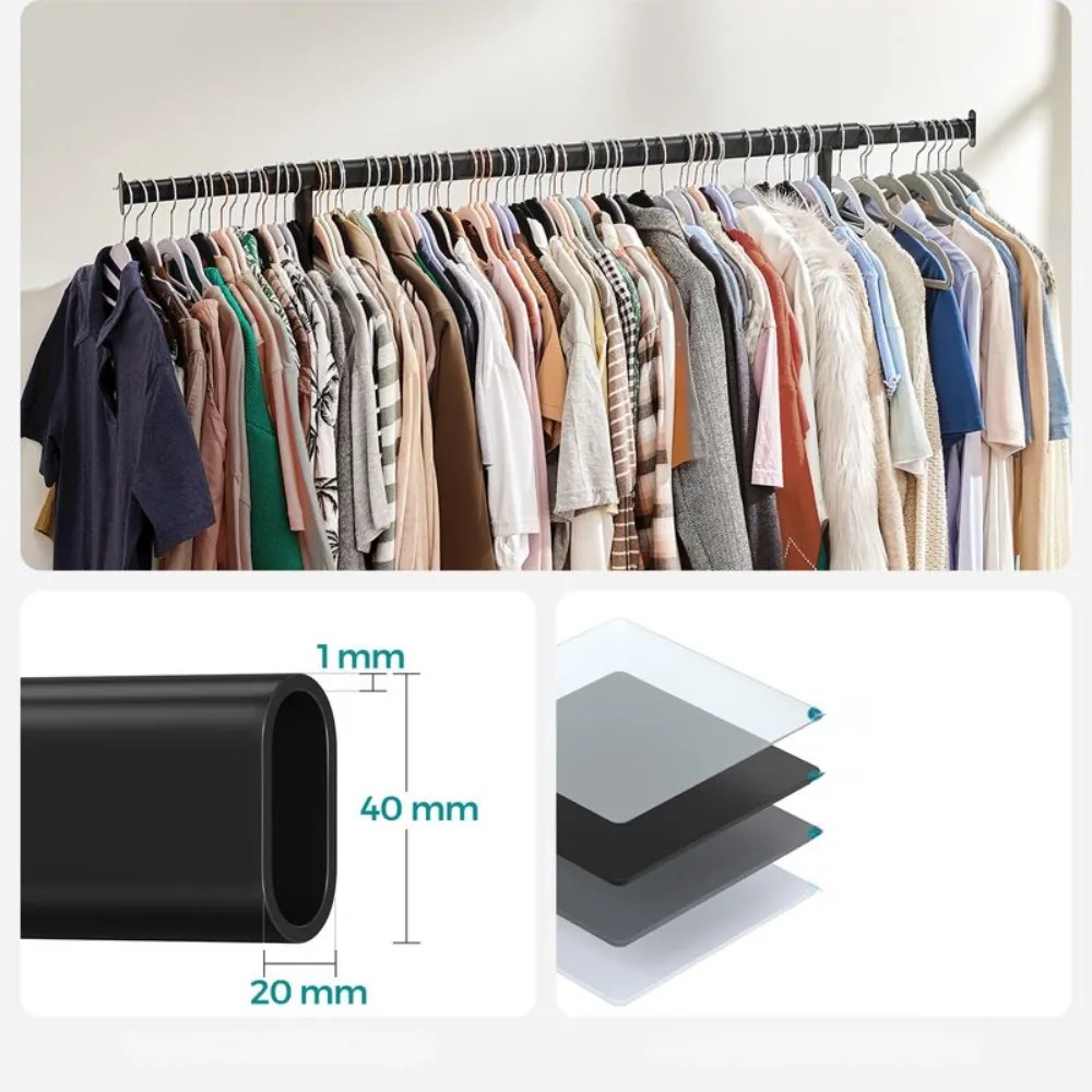 SongmicsHome Stojak na ubrania INEZ na kółkach, maks. 90kg, 83,5x45x160cm, czarna