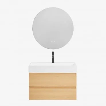 Zestaw Wiszących Mebli Łazienkowych Z Drewna I Forniru Jesionowego Zintegrowany Z Umywalką Ona Naturalna & Okrągła - Sklum