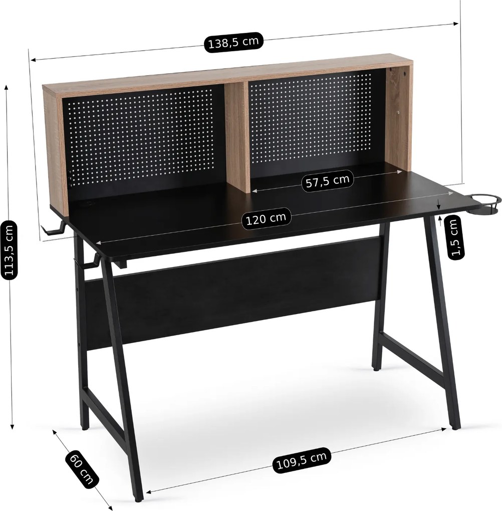 Biurko z nadstawką i tablicą perforowaną Ice 138,5 cm, czarny/dąb sonoma