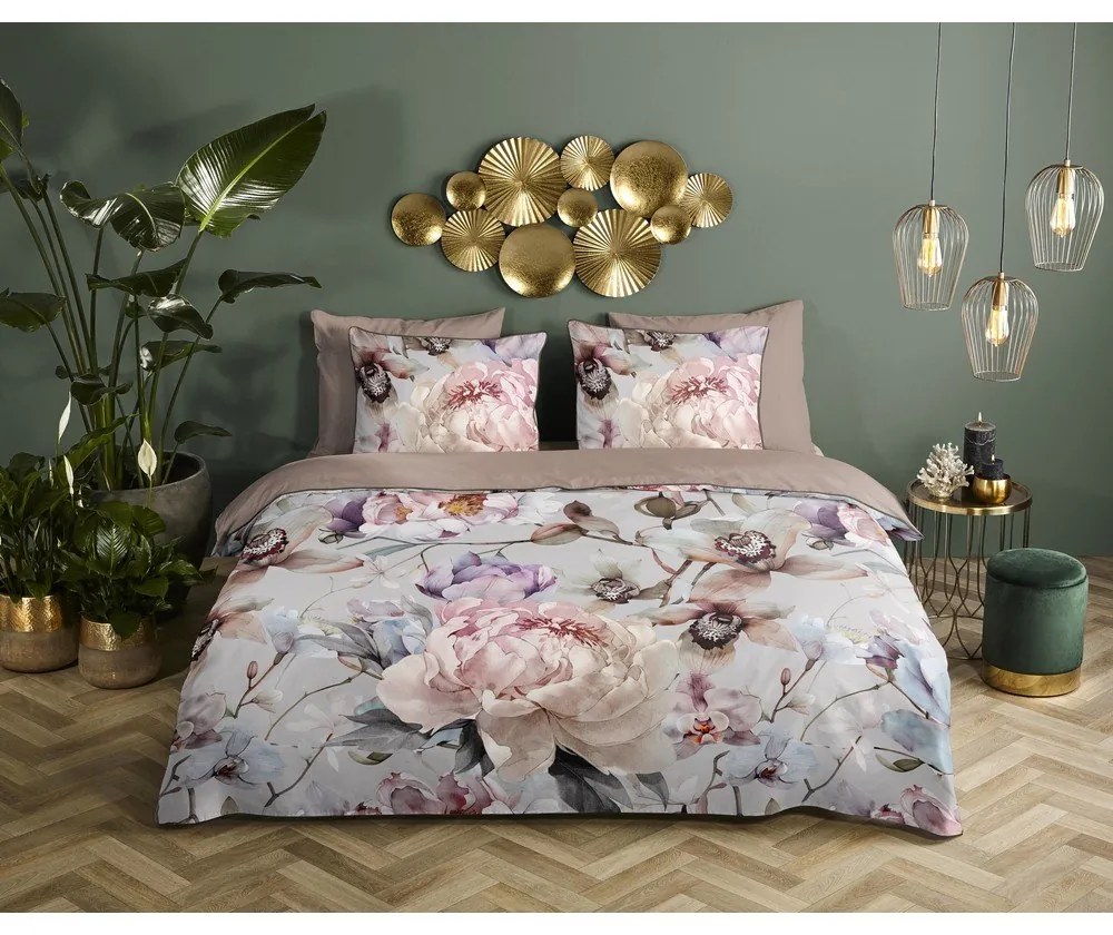 Szara/brązowa pościel jednoosobowa z satyny bawełnianej 140x220 cm Colinda – Descanso