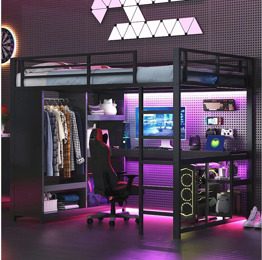 Łóżko piętrowe dla dzieci - 140 x 200 cm - z oświetleniem LED + biurko + szafa + schowek - metalowe - czarne