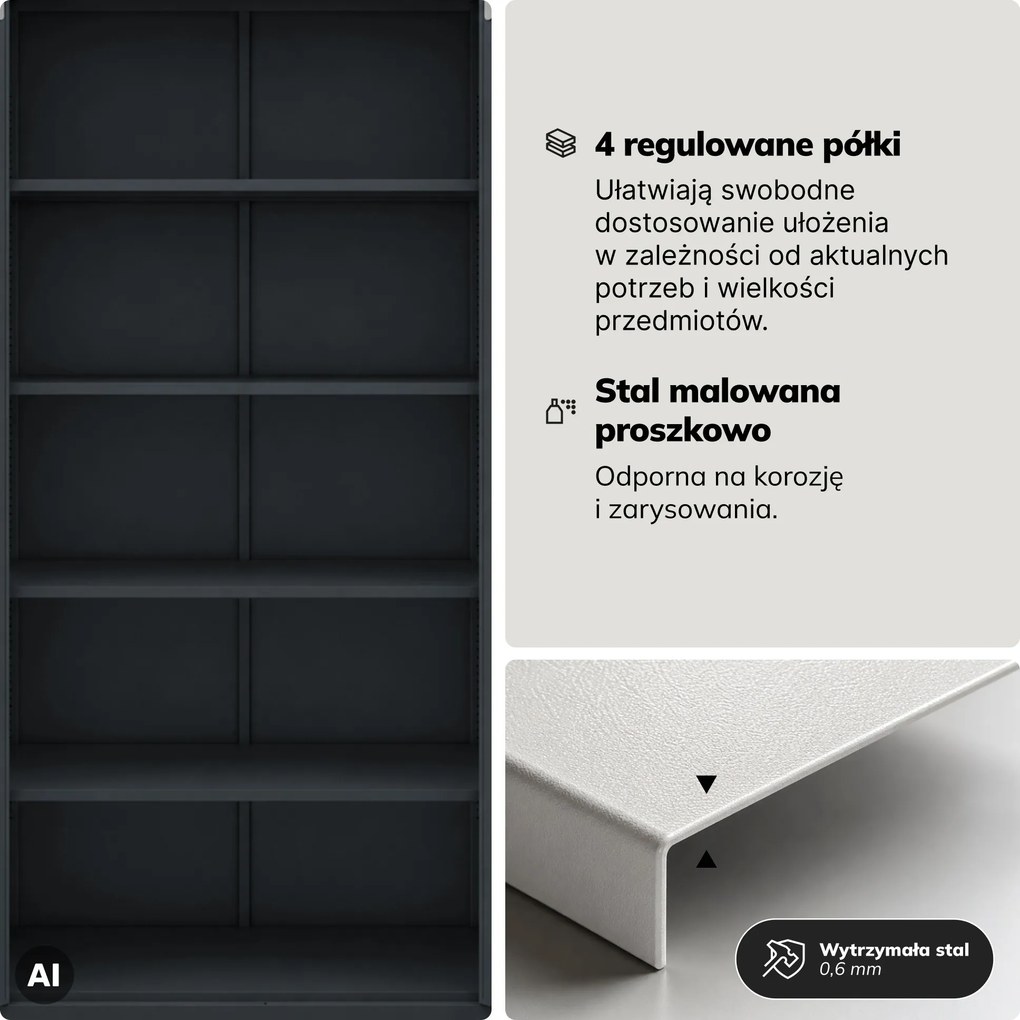 Witryna przeszklona metalowa wysoka z zamkiem antracytowa, 900x1850x400 mm: AMELIA