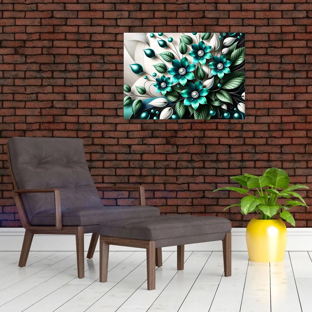 Obraz na szkle - 3D turkusowe kwiaty (70x50 cm)