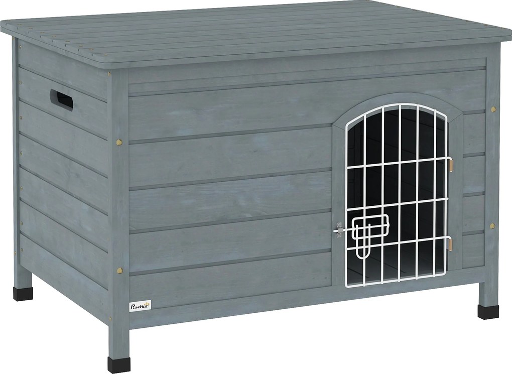 Buda PawHut dla psów, domek z drzwiami, transportowa klatka, domek dla zwierząt, świerk, szary