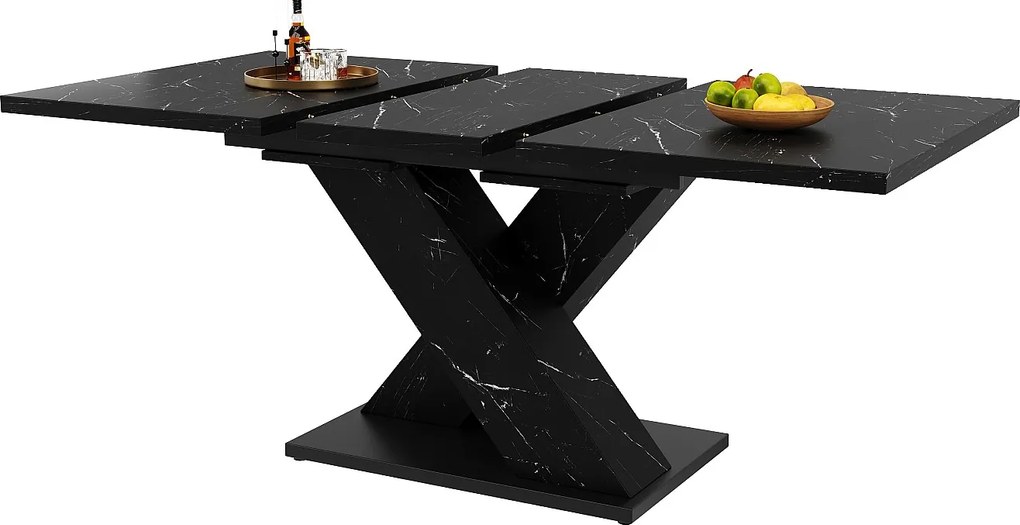 Stol jadalniany rozsuwany - MDF - struktura marmuru - 4-6 osób - nowoczesny design w kształcie X - Czarny
