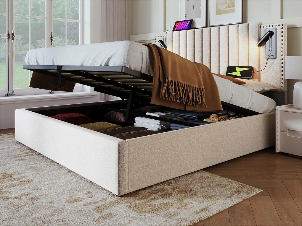Łóżko z pojemnikiem 160x200cm z tkaniny bawełnianej - z lampkami do czytania i portami ładowania USB - z stelażem na listwach - Beżowe