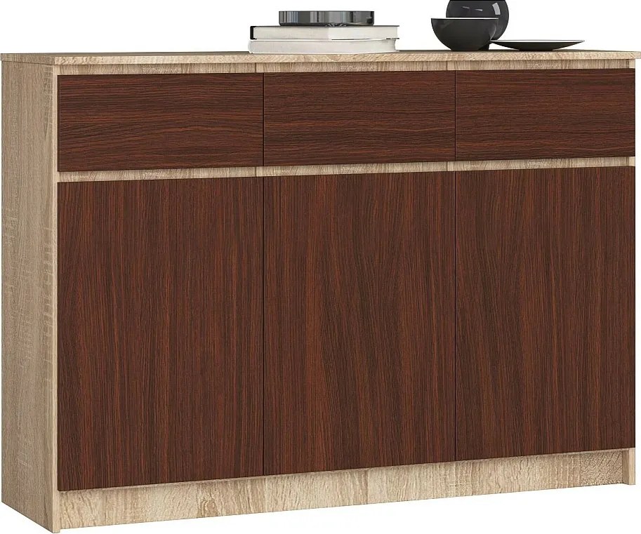 Komoda AKORD K140 Dąb Sonoma 138 cm 3 drzwi 3 szuflady kolor Wenge mat 6 półek 138x40x99 cm