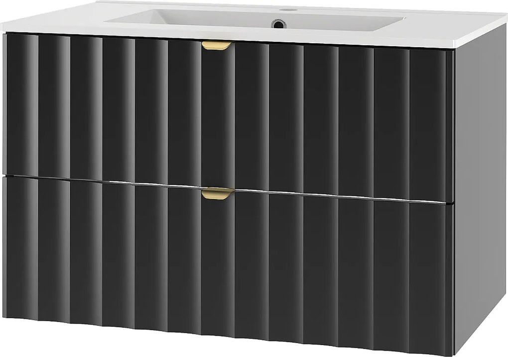 Czarny Zestaw Łazienkowy 80cm Szafka z Umywalką Ryflowane Fronty Arcos