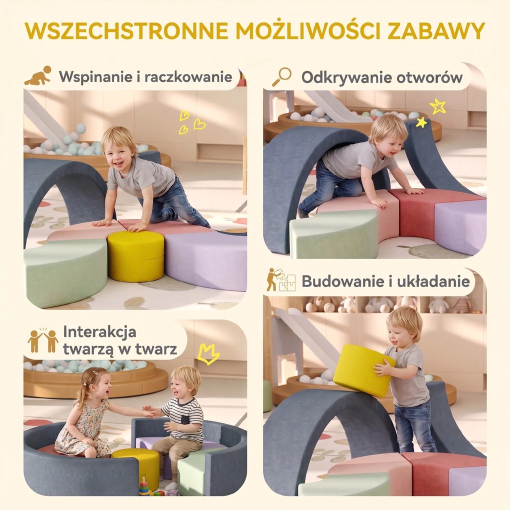 AIYAPLAY Zestaw 7 miękkich klocków piankowych dla maluchów — sztruksowy, odpinany pokrowiec, różne kształty, kolorowy