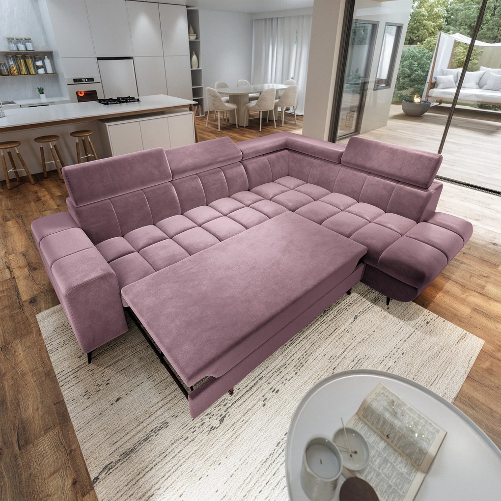 Masseno Narożnik MORIVA z funkcją spania i pojemnikiem na pościel Narozniki L, Rozkładana sofa - Wrzosowy, MONOLITH 62