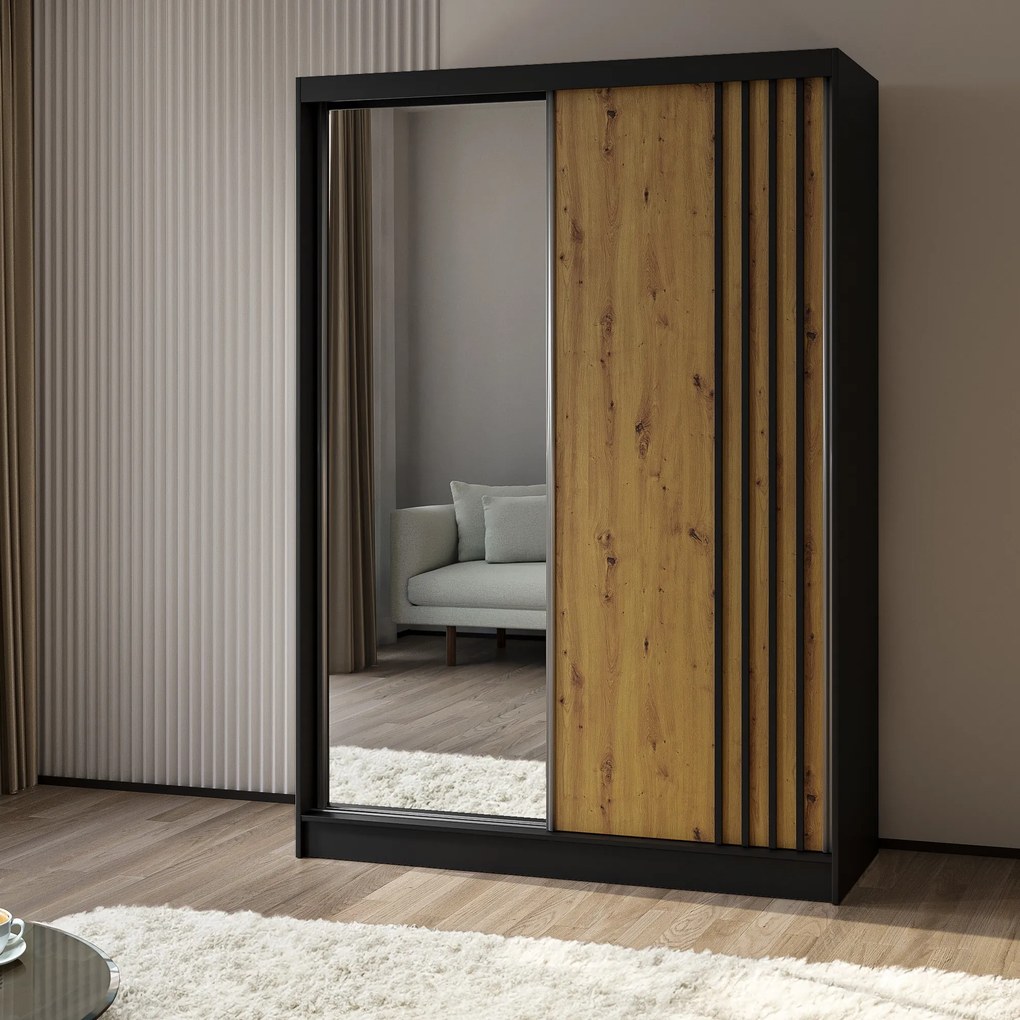 Szafa Przesuwna NELVIA 150 cm z Lustrem Szafa Dwudrzwiowa Czarna