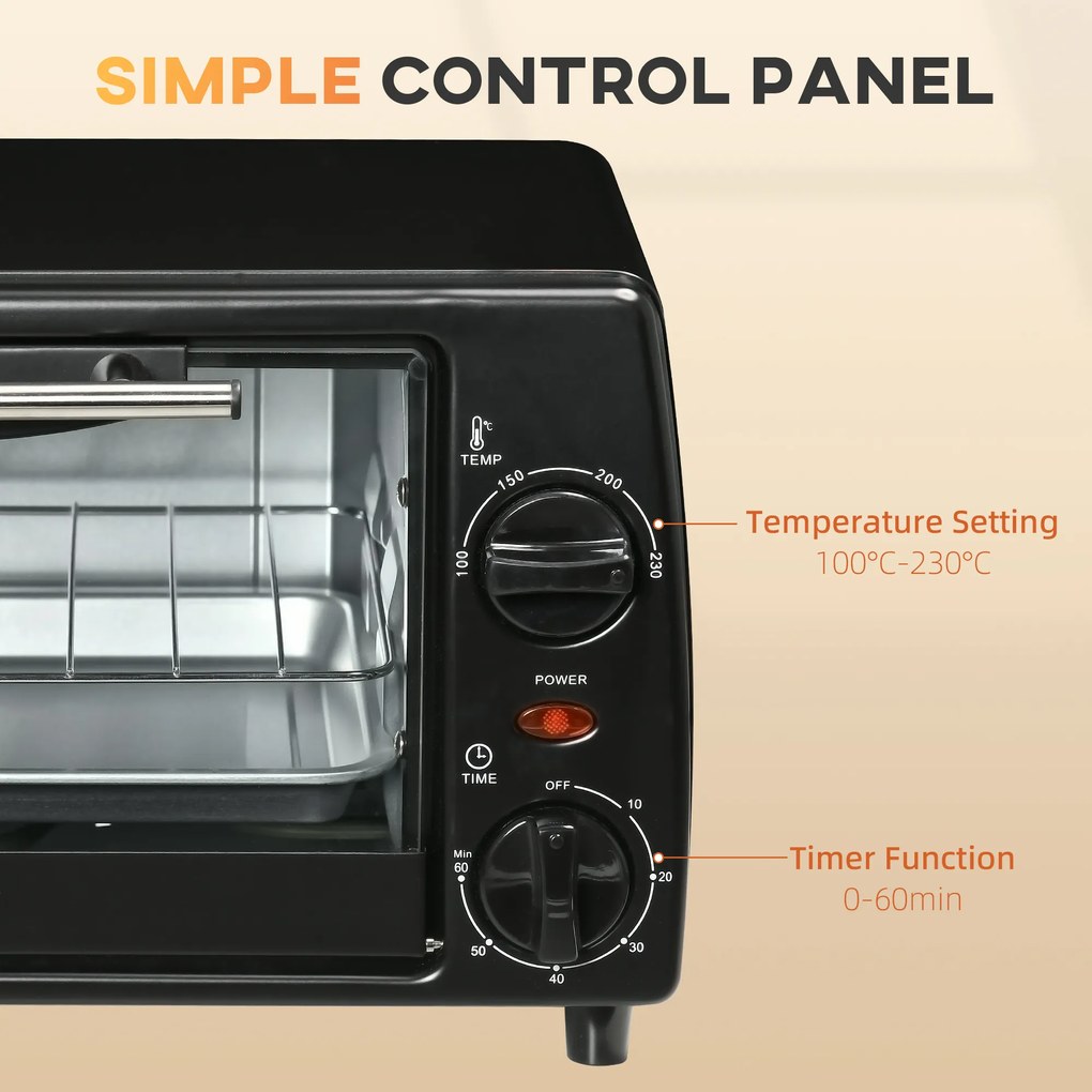 HOMCOM Mini Piekarnik Toster z Blachą i Rusztem Grillowym Czarny 365x26x22 cm z Funkcją Timera | Aosom PL
