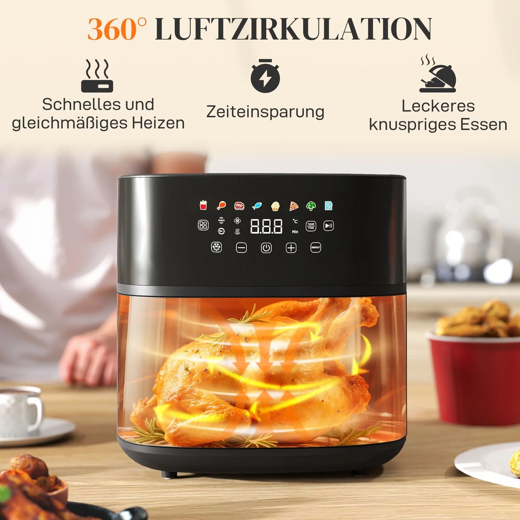 HOMCOM Frytkownica na gorące powietrze, Air Fryer, 8 programów, 8 litrów, ekran LED, Czarny