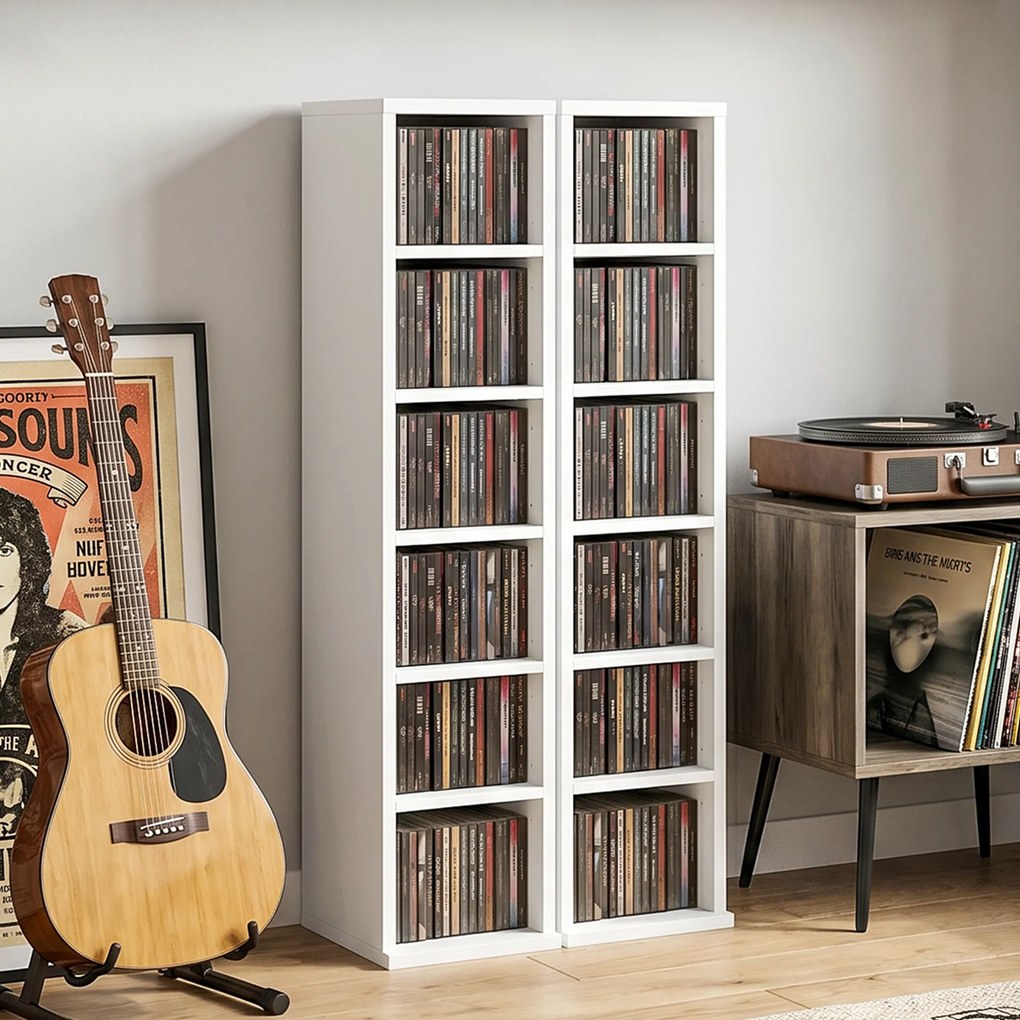HOMCOM Regały do przechowywania 204 płyt CD w zestawie 2 szt., wieża na Blu-ray z regulowanymi półkami, organizer na książki, biały | Aosom PL