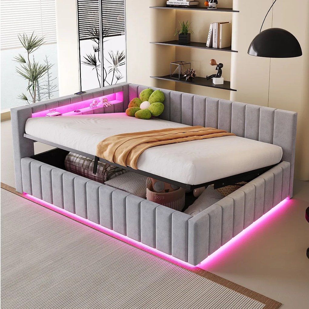 Sofa rozkładana 140x200 cm z pojemnikiem, oświetleniem LED i portem USB – jasnoszary aksamit (bez materaca)