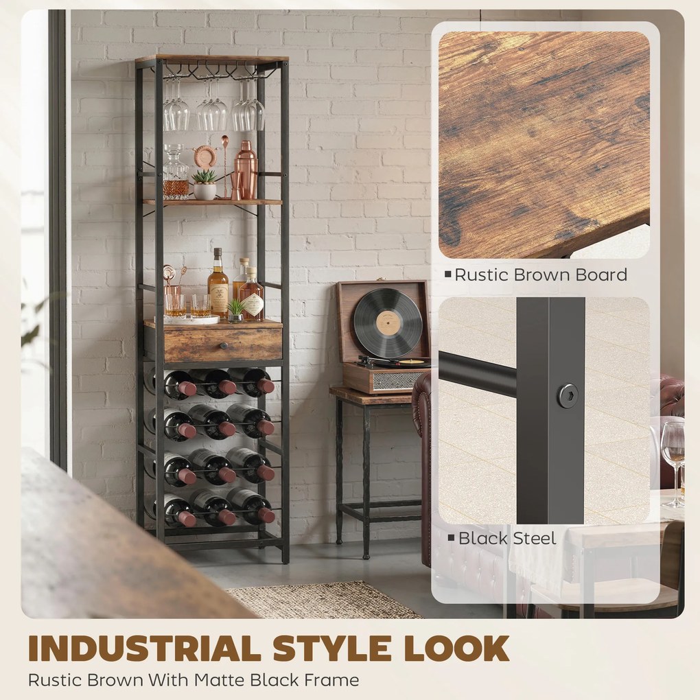 HOMCOM Szafka barowa z szufladą, przemysłowy barek, regał na 12 butelek, uchwyt na kieliszki, rustykalny brąz | Aosom PL