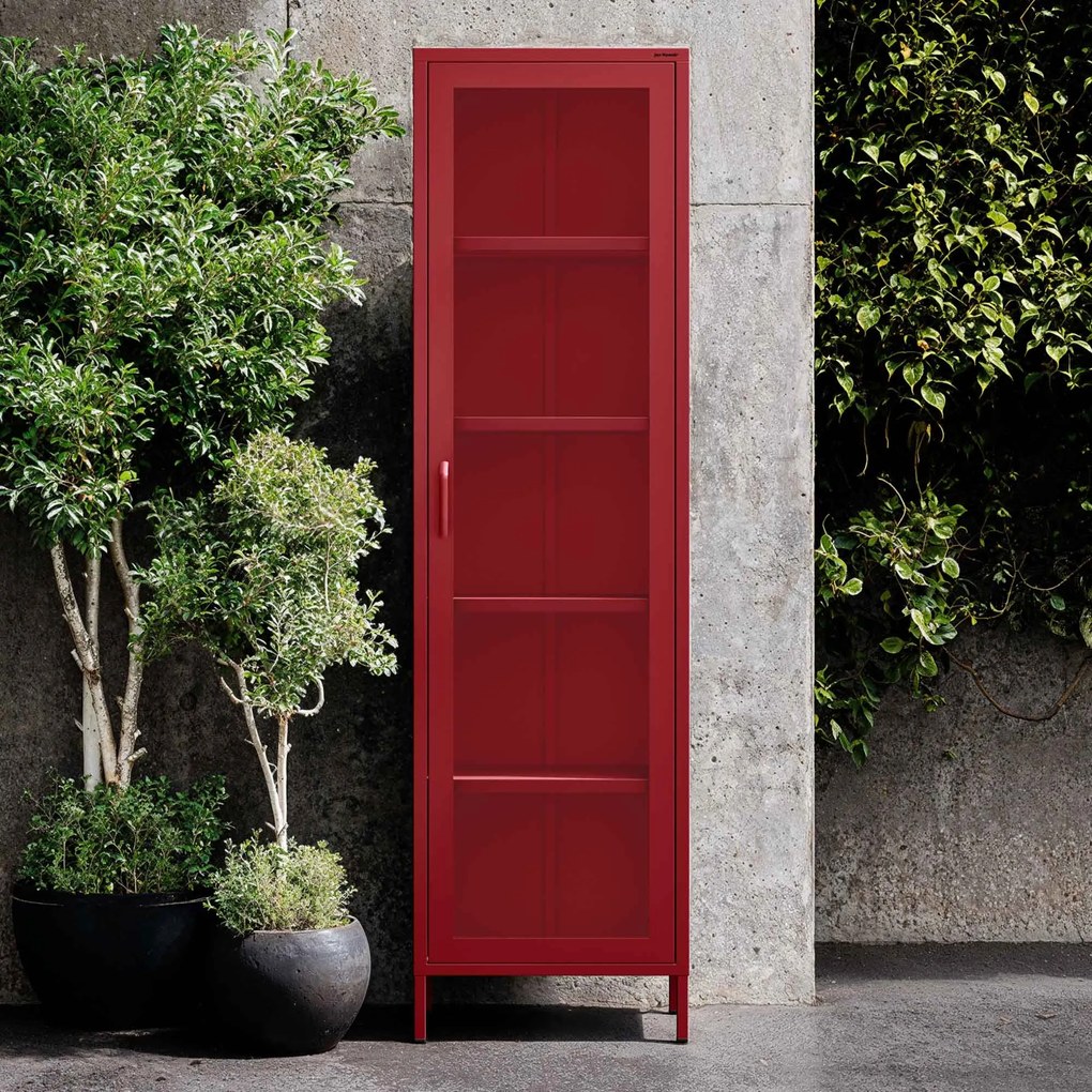 Witryna szklana do salonu wąska czerwona Modern LUIGI 500 x 1800 x 350 mm