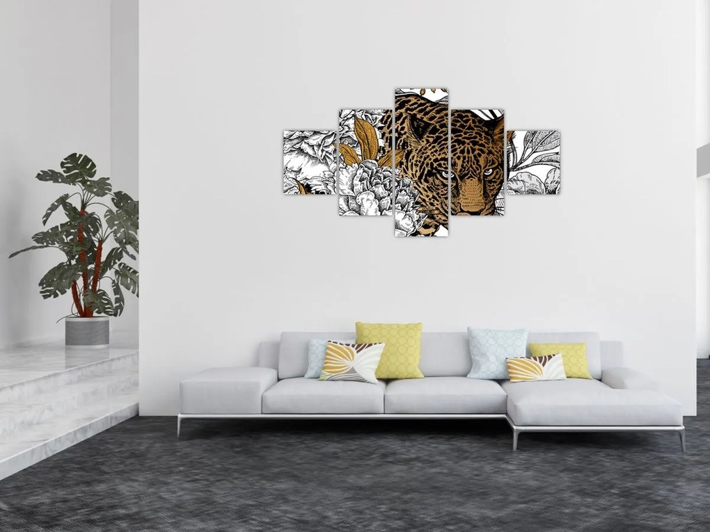 Obraz - Lampart pośród kwiatów (125x70 cm)