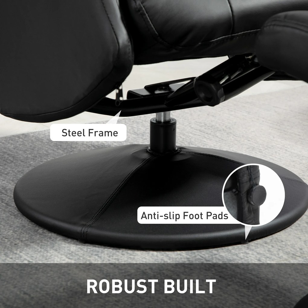 HOMCOM Obrotowy Fotel z Podnóżkiem, w Wyglądzie Skóry, z Regulowanym Oparciem, do 150 kg, Czarny