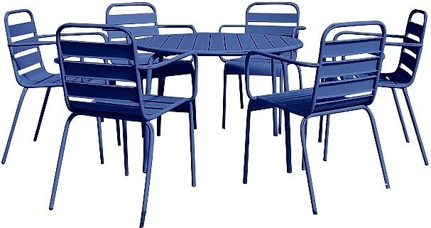 Metalowy zestaw ogrodowy do jadalni - okrągły stół śr.130cm i 6 składanych foteli - Granatowy - MIRMANDE od MYLIA