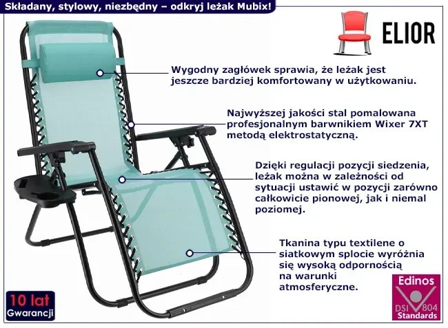 Niebieski leżak ogrodowy z poduszką i półką - Mubix