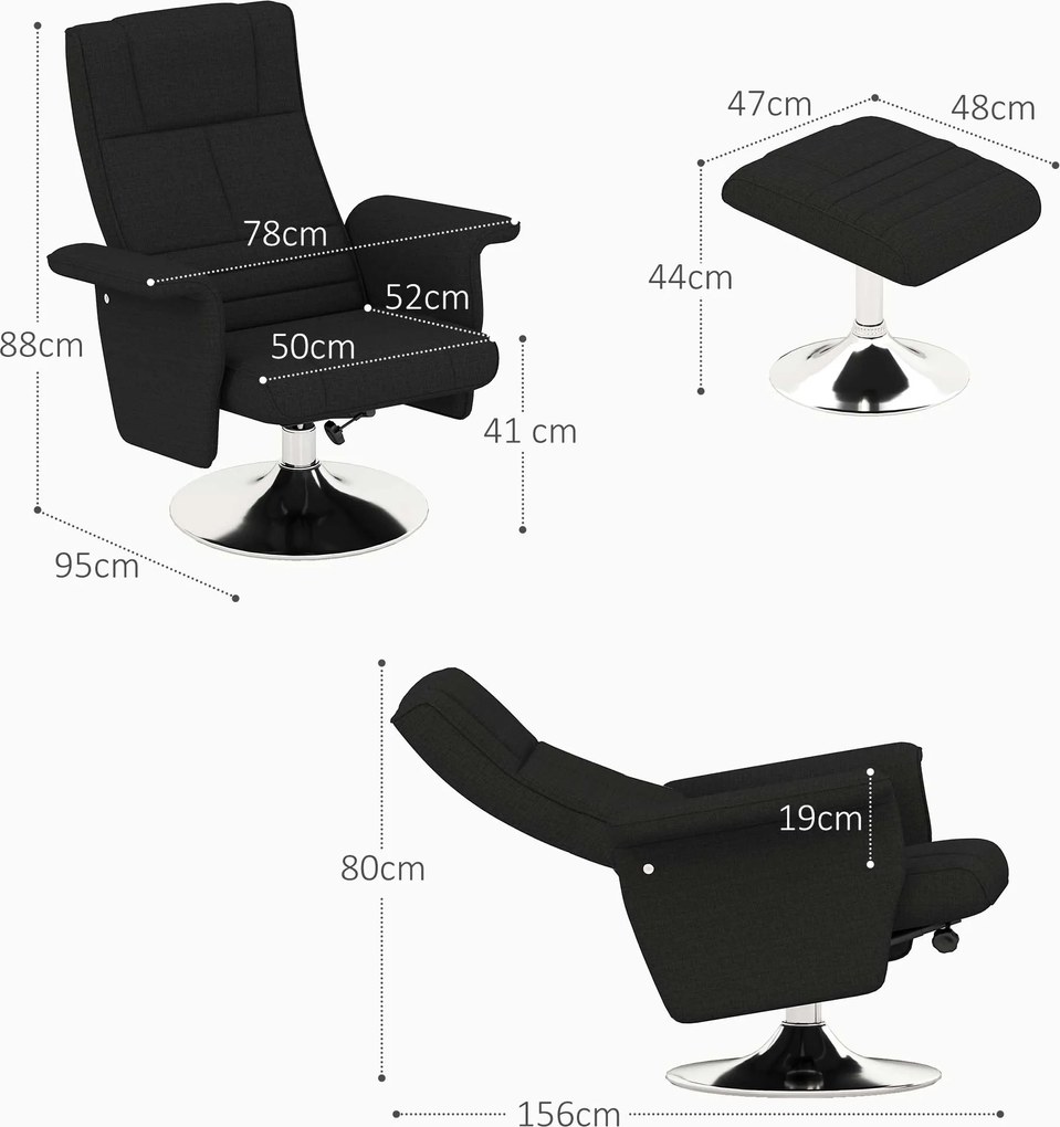 HOMCOM Masażer fotel z podnóżkiem, regulowane oparcie, 78 x 95 x 88 cm, czarny