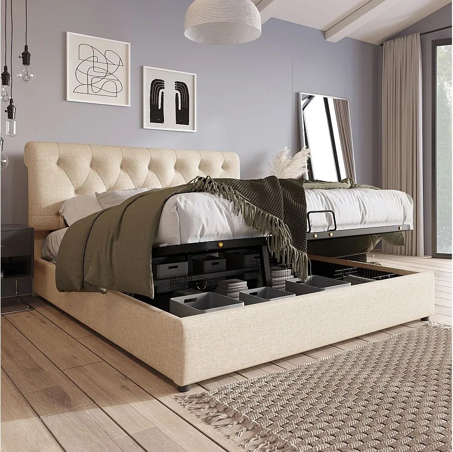 Łóżko podwójne z hydraulicznym schowkiem - 160 x 200 cm - z regulowanym zagłówkiem + stelaż z listew - len - naturalny