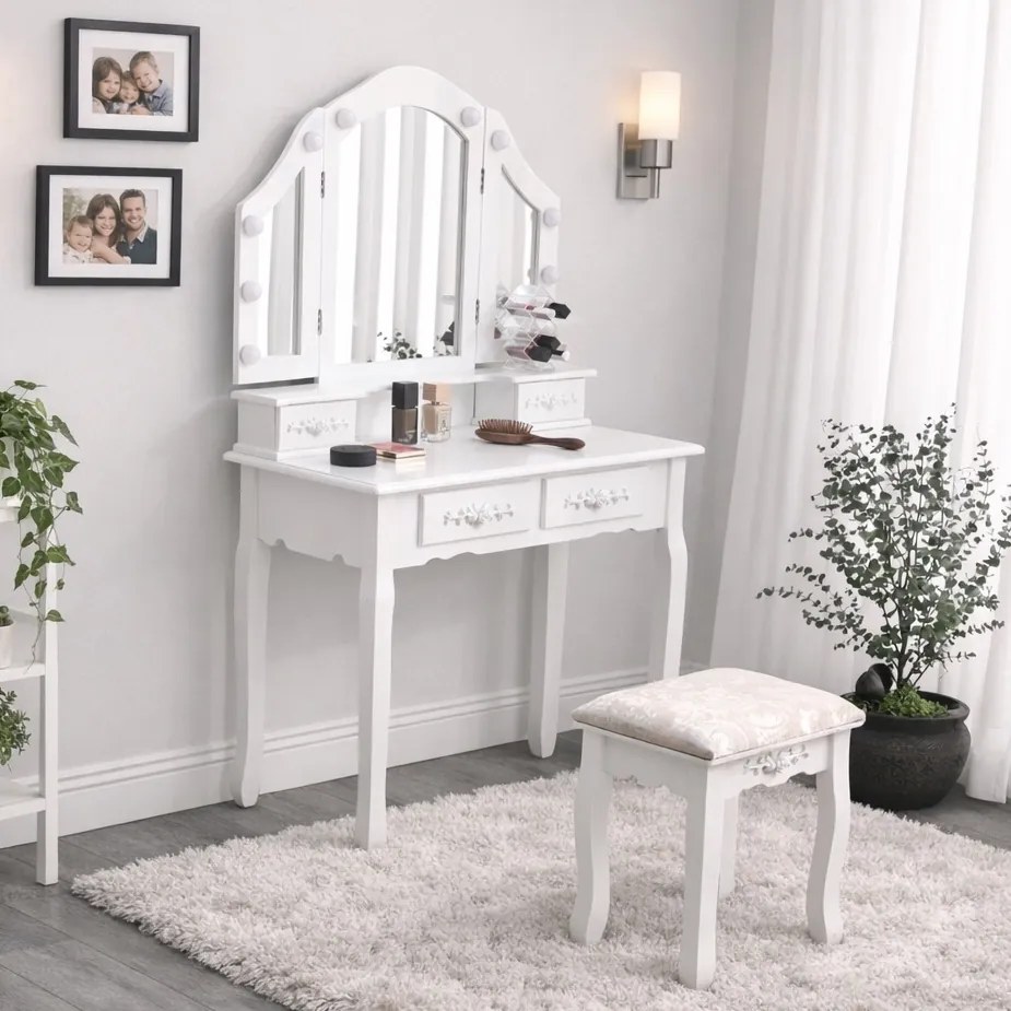 Toaletka retro z lustrem, taboretem i oświetleniem Noemi DT01, kolor biały