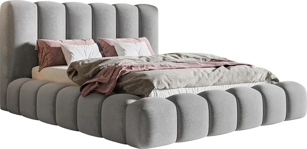 Łóżko tapicerowane 140x200 Madeno - gruba pianka, pojemnik, stelaż metalowy - welur, jasny szary (Amor Velvet 4318)