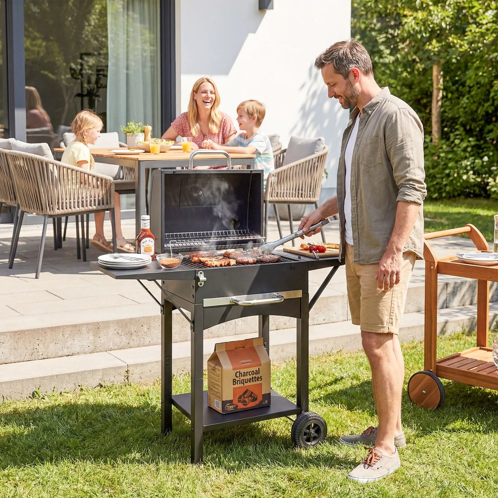 Outsunny Grill węglowy z pokrywą, BBQ Smoker z 2 bocznymi stolikami, dużą powierzchnią grillową, rusztem, termometrem i kółkami | Aosom PL