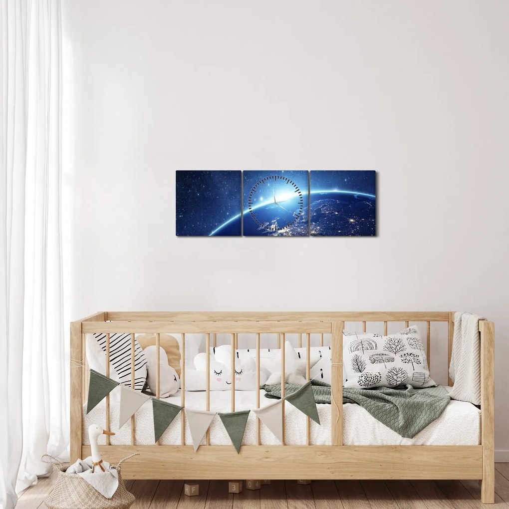 Obraz planety Ziemia (z zegarem) (90x30 cm)