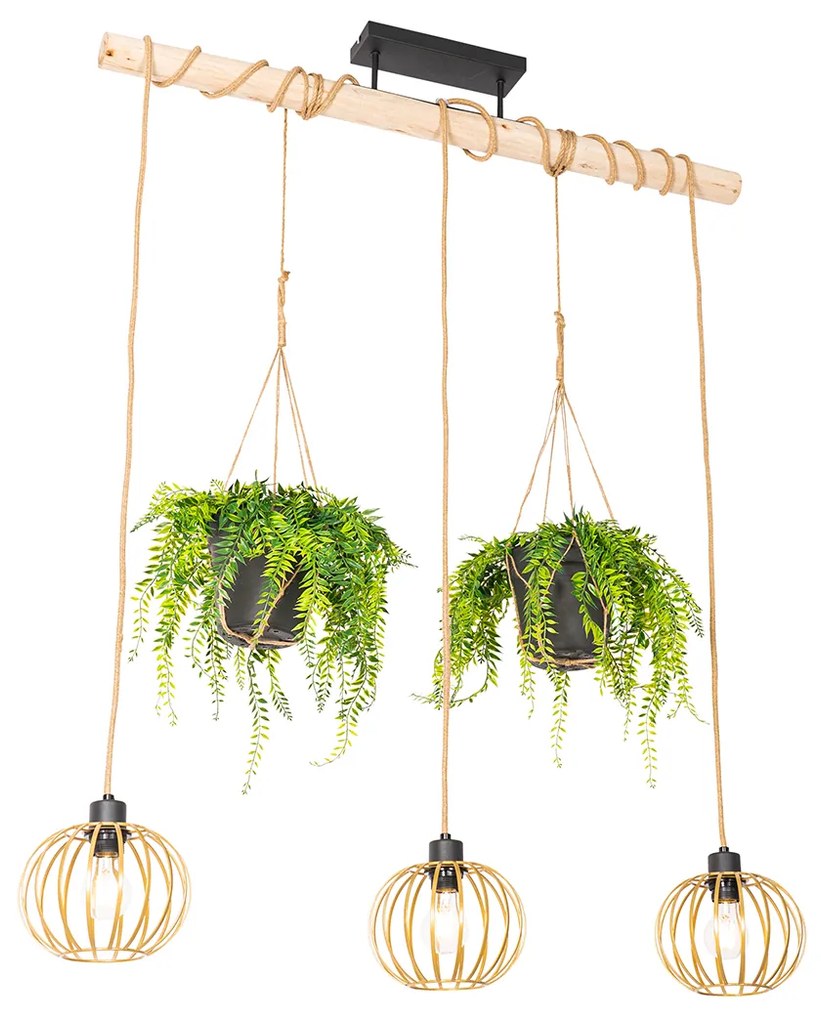 Rustykalna lampa wisząca złota z drewnem 3-światłowa - Yura Rustykalny / Vintage Oswietlenie wewnetrzne